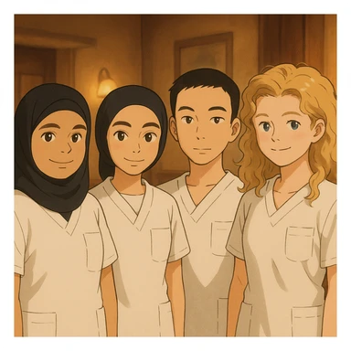 Variation 4: Four nursing students side by side in a warm indoor ambiance, wearing white short-sleeve uniforms without stand-up collars or hijabs under the sleeves, no stethoscopes. Tops are medical tunics with V-neck and left chest pocket. Each student has the face from the provided portraits, in Ghibli style, group composition. sticker