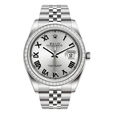 "Flat design emoji icon of a luxury silver Rolex Datejust watch, fully iced out with diamonds on the case and Jubilee bracelet, diamond pavé dial with black Roman numerals, isolated on a green circular background, clean vector style, high resolution." sticker