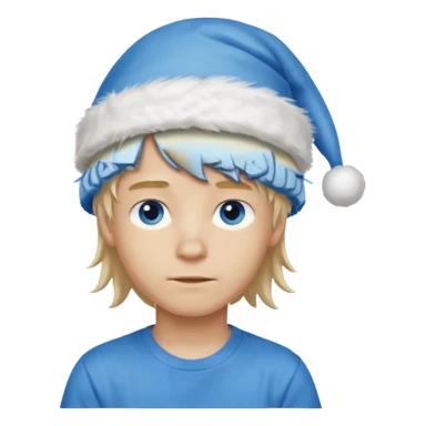 create boy blonde hair long messy, light eyes, white t shirt, rich, long hair, eyes blue, acessory head cristimas blue hat sticker