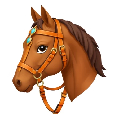 Hermès-style horse head emoji, elegant leather harness with orange and gold accents, luxury, simple and cute sticker