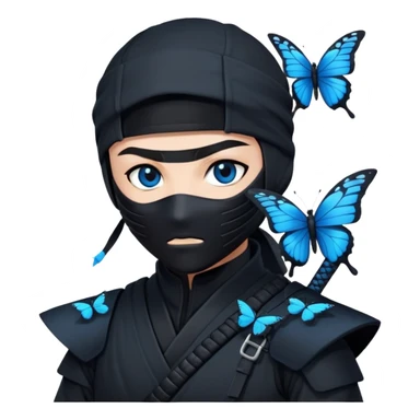 Crea un emoji para usar en WhatsApp con estos dos emoji 🥷🏻 🦋.
Ninja vestido de negro con los ojos negros y con la piel blanca y una mariposa azul posada en su hombro izquierdo como si la mariposa estuviera volando en el hombro. sticker