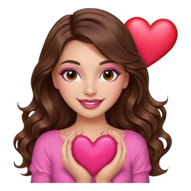 girl with long wavy brown hair, brown eyes, long lashes makeup, sexy pink lips, light to medium complexion, wearing a pink sexy top, smiling, holding a big heart sticker