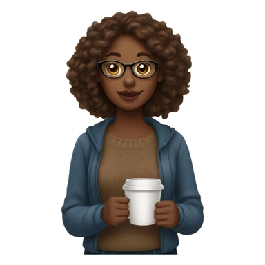 brown long wand curl hair black women sweater brown eyes and small glasses holding coffee sticker