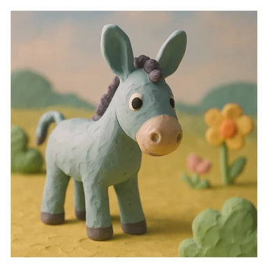 donkey standing in a field, pastel colors, visible fingerprints, playful and textured, claymation style sticker