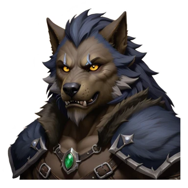 Cinematic Realistic WoW Worgen Portrait, depicted as a fearsome blend of man and beast, with rugged, dark fur intermingling with tanned, weathered skin. His piercing amber eyes and fierce expression are framed by disheveled hair and subtly detailed, worn leather attire in dark, consistent hues. Rendered with lifelike texture and dramatic, natural lighting, high shine, noble and formidable, capturing the primal nobility of a legendary worgen warrior. sticker