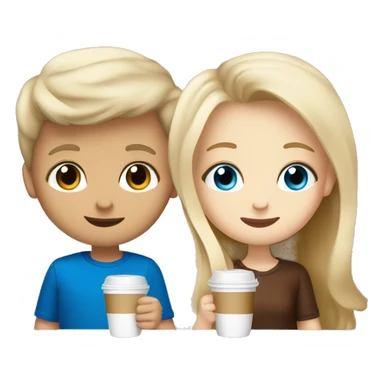 blonde hair with blue eyes boy and a brunnete with brown eyes girl, both white skin drinking latte sticker