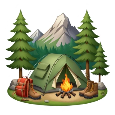 Icon for Hiking: a pair of hiking boots, a backpack, a walking stick, a tent, and a kettle over a campfire, surrounded by trees and a mountain trail. The icon should capture the adventure and warmth of camping. Transparent background. sticker