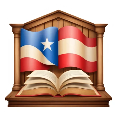 Timeless book icon with Puerto Rican flag design, wooden theater stage symbol, warm parchment and wood textures, gentle luminous aura, representing the history of Puerto Rican scenic design legacy sticker