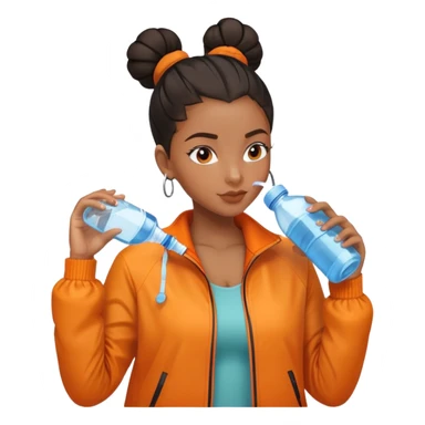 Black girl with orange jacket drinking water bottle middle part slick back bun sticker