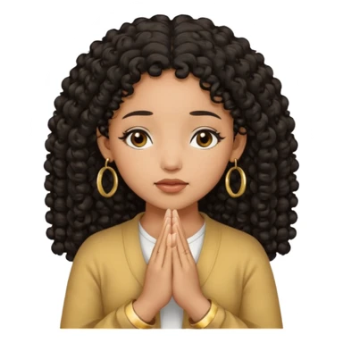 brown girl praying black curly hair and black eyes closed with gold hoop earrings sticker