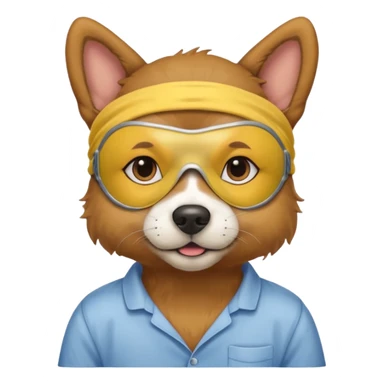 a dog with yellow sleep mask and wearing shirt sticker