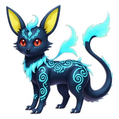 Shiny Fiery Dark Glowing Eldritch Horror Cool Edgy Badass Emo Glorious Demonic Batty Punky Aural Iridescent Fluorescent Bioluminescent Umbreon-Amaura-Salandit-Litten-Flareon-Fakémon-fusion (full body) with intricate pattern markings sticker