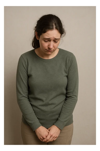 a woman with a shy, uncertain expression, slouched posture, looking down, hands clasped, conveying no confidence, simple background sticker
