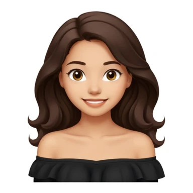 modern clean emoji of a young woman with medium skin tone, long wavy dark brown hair, wearing a black off-shoulder top, soft friendly smile, expressive eyes, warm charming style, relaxed confident vibe, neutral light color background sticker