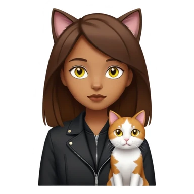 A brown straight-haired girl wearing black jacket with a white cat with yellow eyes and a calico cat sticker