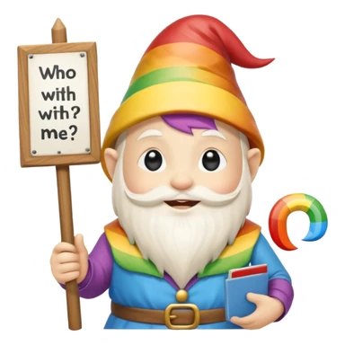 A zen rainbow gnome, holding a sign, "Silent Letter Day, who's with me?” sticker