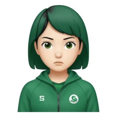 Sae-byeok from Squid Game wearing green tracksuit, short hair, serious expression, simple character emoji style sticker