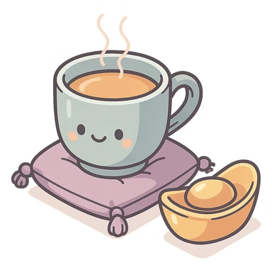 Хоттэй сидит на подушке, рядом золотой китайский слиток (юаньбао), 2D isometric style, clean lines, sharper angles, high detail, pronounced shadows and highlights, minimalist eastern accent, pastel palette #98B5BC, #B5B3C1, #C9A3C9, #E4C0CA, #F7DCD1, #F7C0AA, transparent background sticker