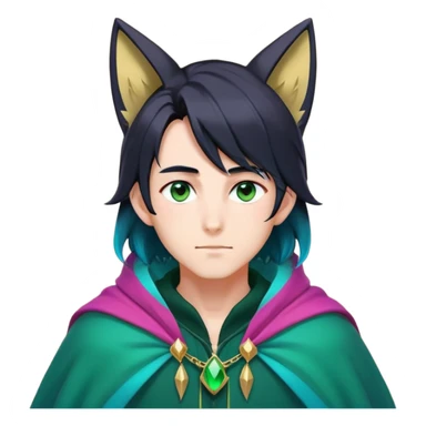 anime man with long-straight-dark-black-gradient hair with green accents, long black fox ears with pink Scapha, hazel-gradient-brown-turquoise eyes, gold earring, dark-blue-sweater, green cape,  sticker