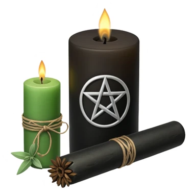 Black candle with a pentacle on it next to a bundle of sage sticker
