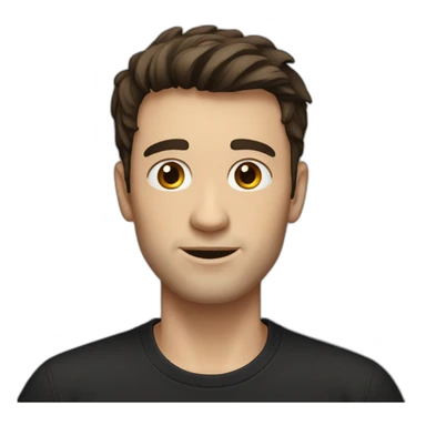 a slim white man with messy short dark brown hair, with a black t-shirt sticker