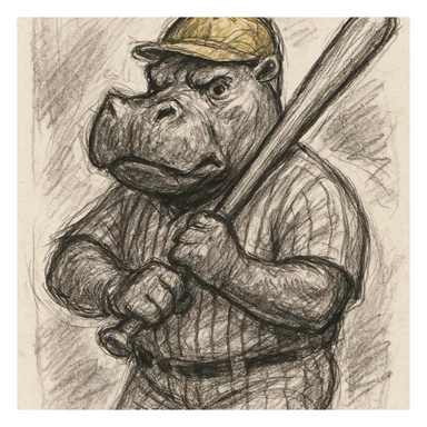 hippo holding a baseball bat, wearing a yellow helmet, pinstripes outfit sticker