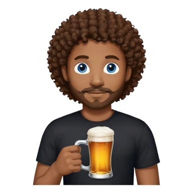 black man with brown curly hair and blue eyes facial hair black shirt holding a beer sticker
