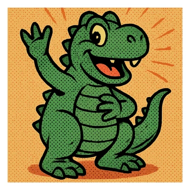 friendly green cartoon dinosaur in classic comic book style sticker