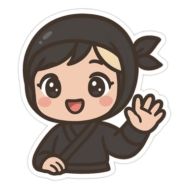 Super cute kawaii chibi style ninja girl with big sparkling eyes, round face, soft colors, playful charm, black short hair with a blonde streak, only head and arms visible, bold outlines, no mask, hand fully raised waving to the left, smiling, sized for Twitch emoji use. sticker