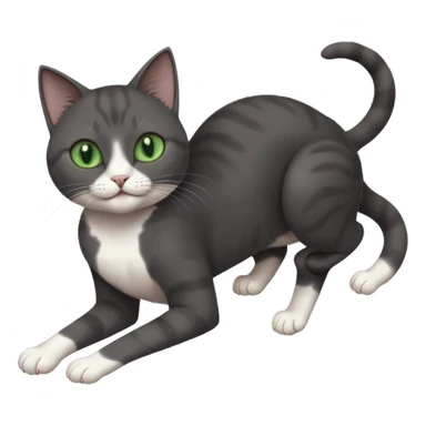 beautiful female solid dark grey cat with green eyes, white toes/paws and white patch on her chest playfully rolling upside down sticker