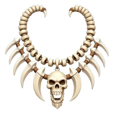 barbarian necklace object icon, necklace made of bones and fangs, rugged tribal jewelry, 3D cartoon, mobile game icon style, centered, clean background, no text, no watermark sticker