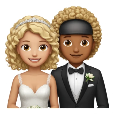 Blonde brown  skin girl skin in wedding dress curly hair with white men next too her with a suit on and straight brown  hair smiling  sticker