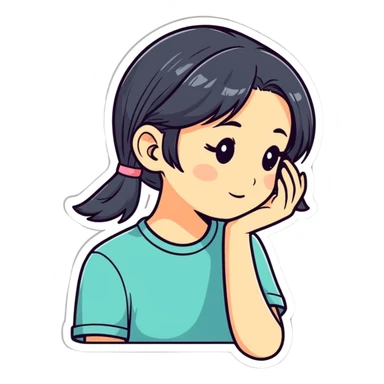 shy girl tucking her hair behind her ear, cartoonish sticker style sticker