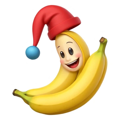 A 3D cartoon banana with a red nose and tiny hat, smiling face, playful pose, Memoji-style. sticker