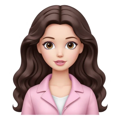 A white Barbie girl with long dark brown wavy hair in pale pink clothes has loving look sticker