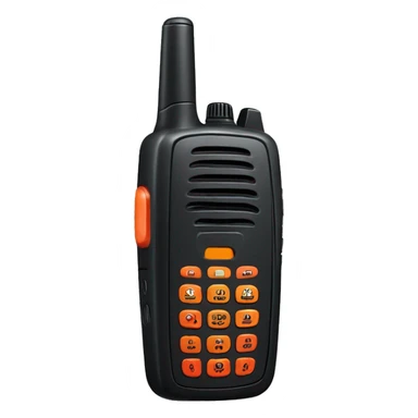 black walkie talkie with red-orange button on side sticker