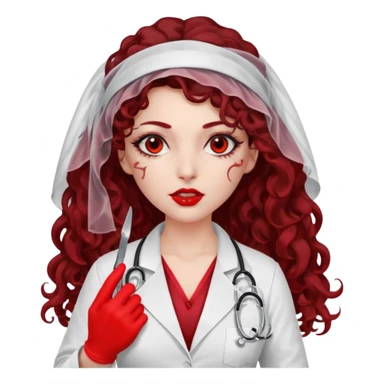 Lilith scalpel in hand, evil surgeon outfit.  She has red eyes. She has dark brown curly hair. Hair is long . Wears sexy doctor outfit with red gloves. Covers nose, neck and mouth with Muslims  sticker