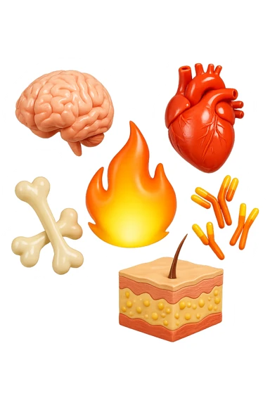 EMOJI STILE IPHONE 3D DI cervello, ossa, cuore, porzione di epidermide e cellule di anticorpi che girano in tondo, al centro di questi elementi c'è una fiamma 3d  FALLO MOLTO REALISTICO IN 3D sticker