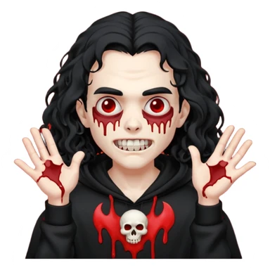 Vampire wearing a black hoodie with a skull logo on it, long curly hair that covers the forehead, fanged teeth and blood on hands sticker