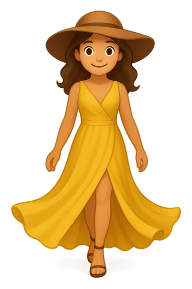 A model woman walking down a fashion runway in a beautiful dress with a wide brim hat that shows them grin a bit, emoji style sticker