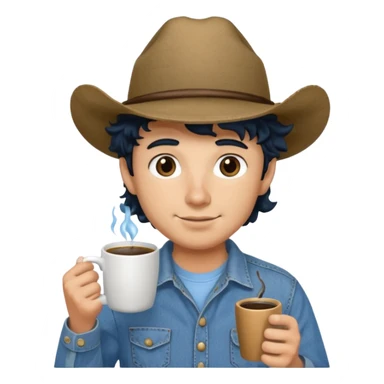 Ranch hand with blue hat and coffee mug, curly black hair sticker