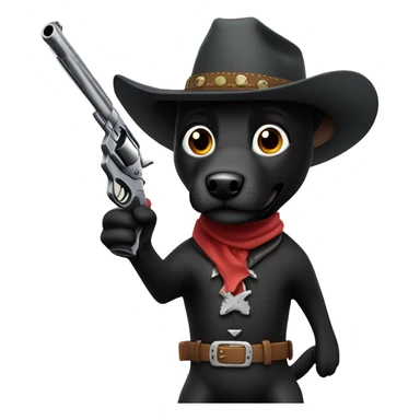 Black Dog Animatronic as cowboy holding a gun sticker