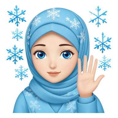 Turkish beautiful finish Konya girl blue eyes with light blue winter design hijab islamic dress and had on her hand snowflakes and she wave one's hand sticker