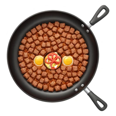 A 3D cartoon frying pan with minced meat being cooked, top view, realistic texture, Memoji-style. sticker