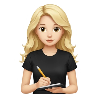 a beautiful blonde with long wavy hair-in-a-black-t shirt-a writes in a diary with a pen sticker