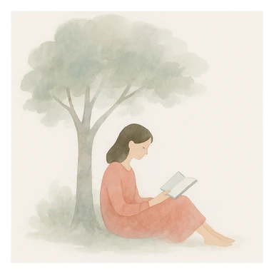 a girl under a tree reading a book, watercolor art style sticker