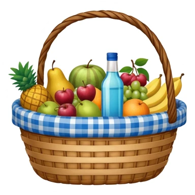 blue plaid lining basket with both food, drink and fruits sticker