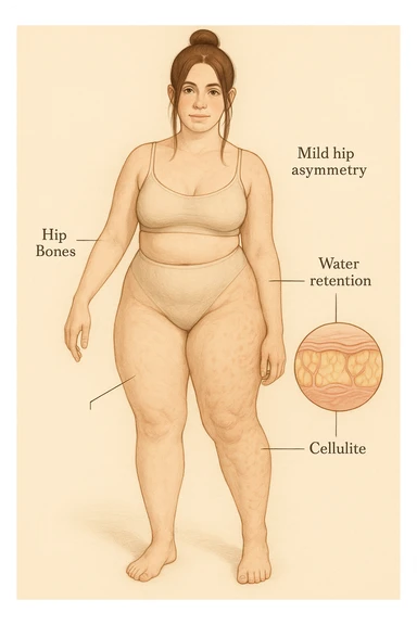 Realistic anatomical illustration of a woman with mild hip asymmetry, water retention, and cellulite, viewed in a soft, educational, body-positive way. sticker