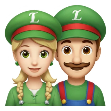 blonde female Luigi (with the Luigi green hat with an L on it) and a normal brown hair male Mario with the red hat with a (M) on it. They are friends just smiling. think video game sticker