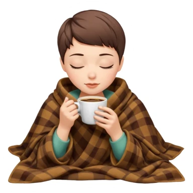 white girl pixiecut Hair Brown inside a blanket sipping coffee eyes closed sticker